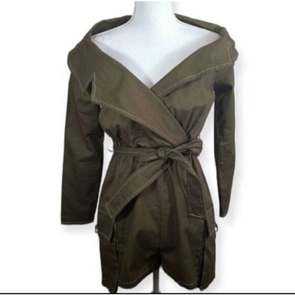 PRETTYLITTLETHING KHAKI/ARMY GREEN UTILITY TIE WAIST BARDOT ROMPER SZ.4 NWT. - Picture 4 of 11